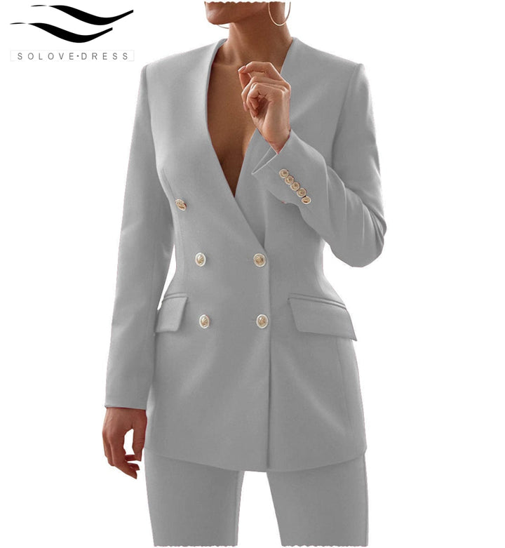 solovedress Double Breasted 6 Buttons V Neck Blazer 2 Pieces Women Suit
