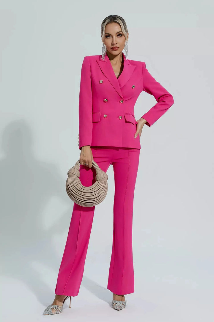 solovedress Fuchsia 2 Piece Double Breasted Business Casual Slim Fit Women Suit