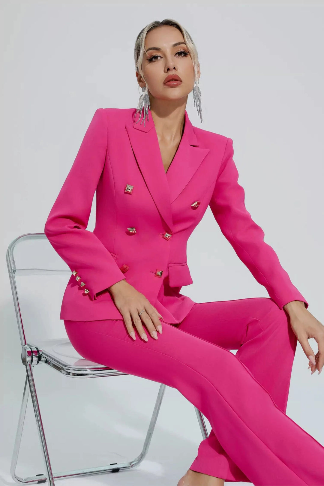 solovedress Fuchsia 2 Piece Double Breasted Business Casual Slim Fit Women Suit