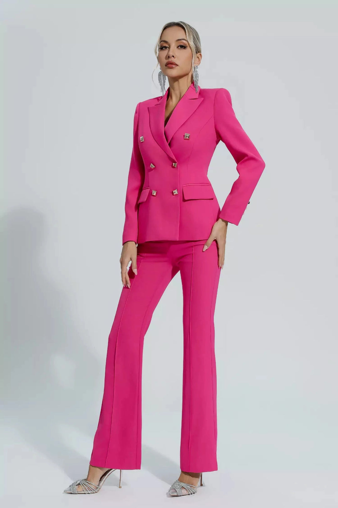 solovedress Fuchsia 2 Piece Double Breasted Business Casual Slim Fit Women Suit