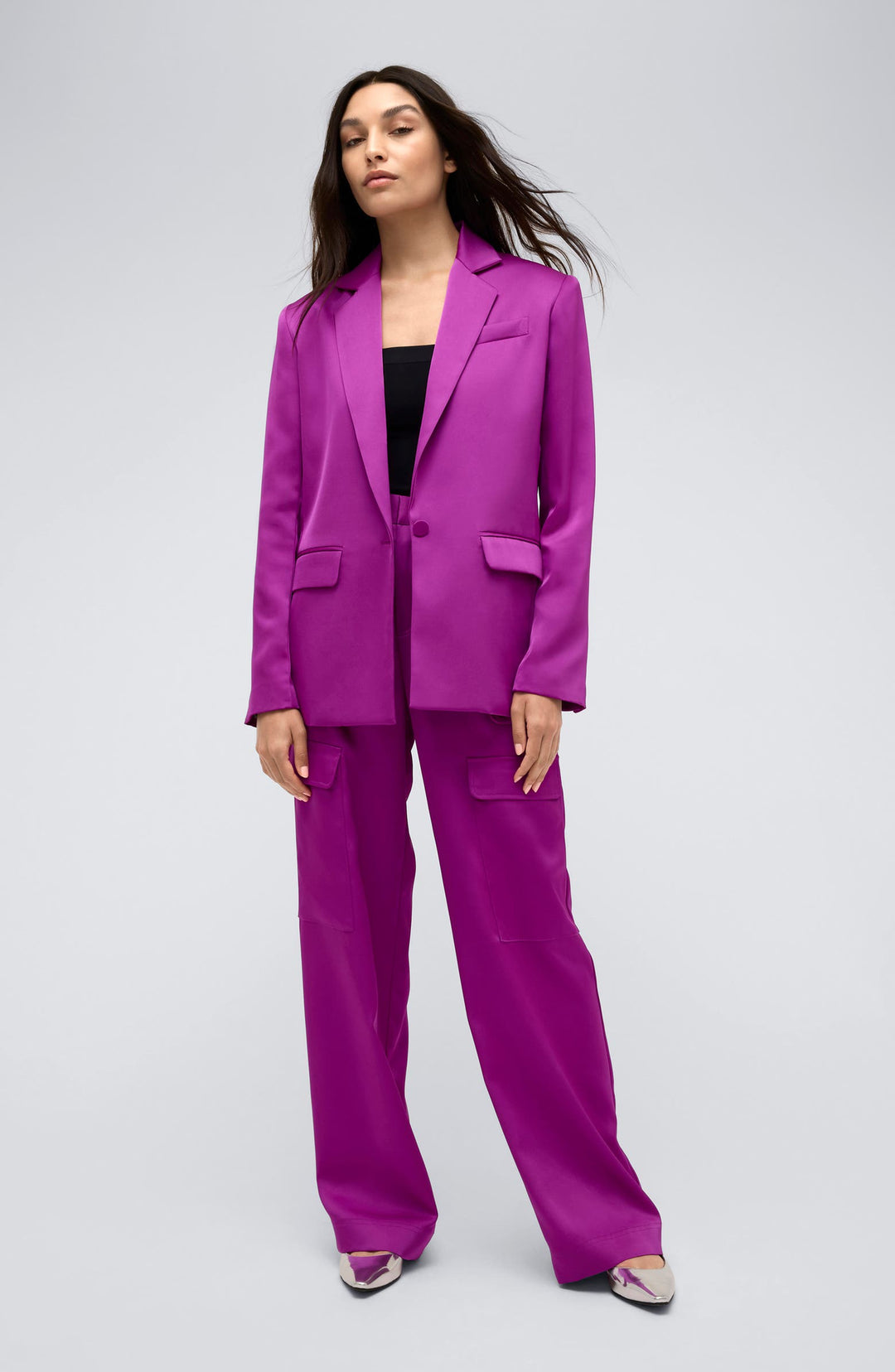 solovedress Fuchsia 2 Piece Single Button Casual Satin Women Suit (Blazer+Pants)