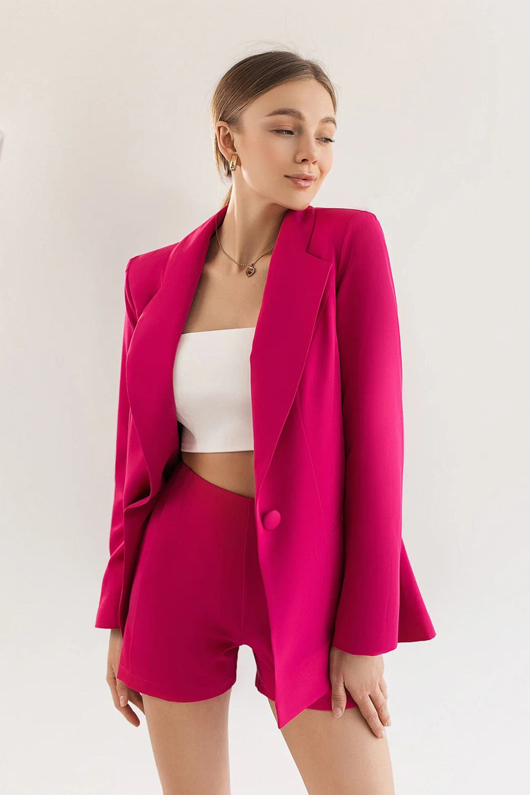 solovedress Fuchsia 2 Piece Summer Casual Single Button Women Suit (Blazer+Shorts)