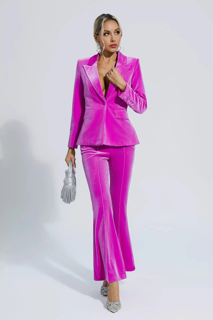 solovedress Fuchsia 2 Piece Velvet Single Buttons Business Slim Fit Women Suit