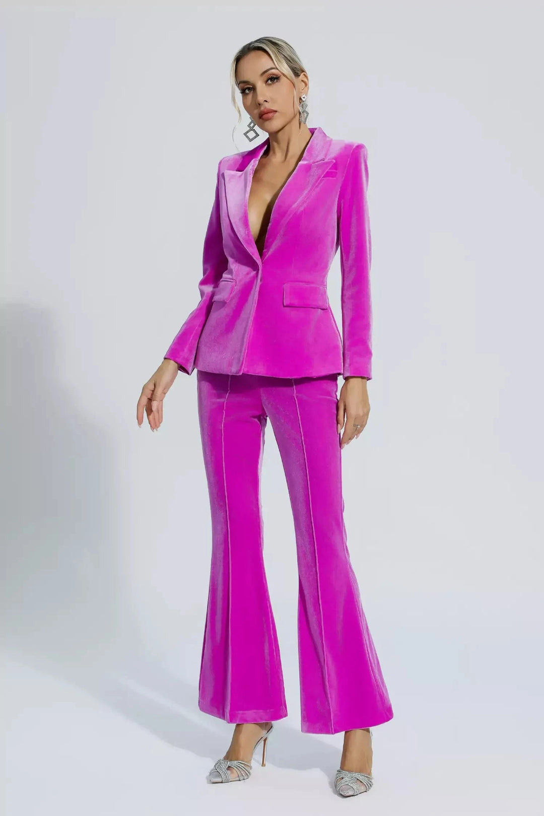 solovedress Fuchsia 2 Piece Velvet Single Buttons Business Slim Fit Women Suit