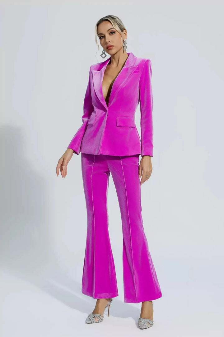 solovedress Fuchsia 2 Piece Velvet Single Buttons Business Slim Fit Women Suit