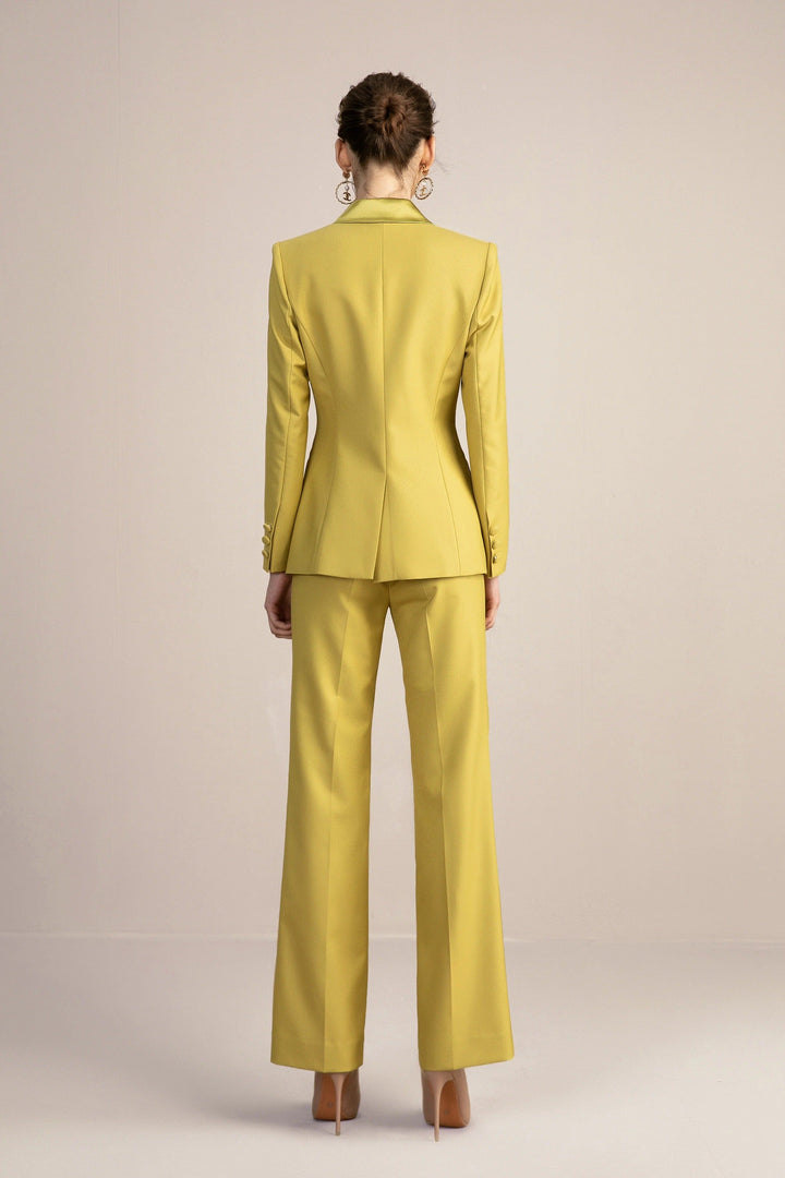 solovedress Gold 2 Piece Double Breasted Slim Fit Satin Collar Women Suit (Blazer+Pants)