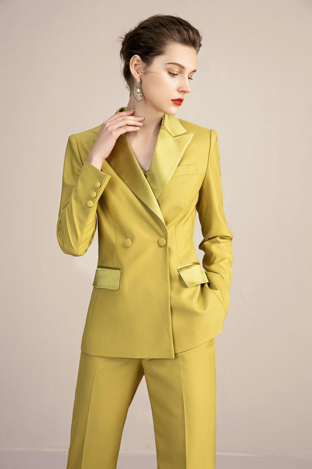 solovedress Gold 2 Piece Double Breasted Slim Fit Satin Collar Women Suit (Blazer+Pants)