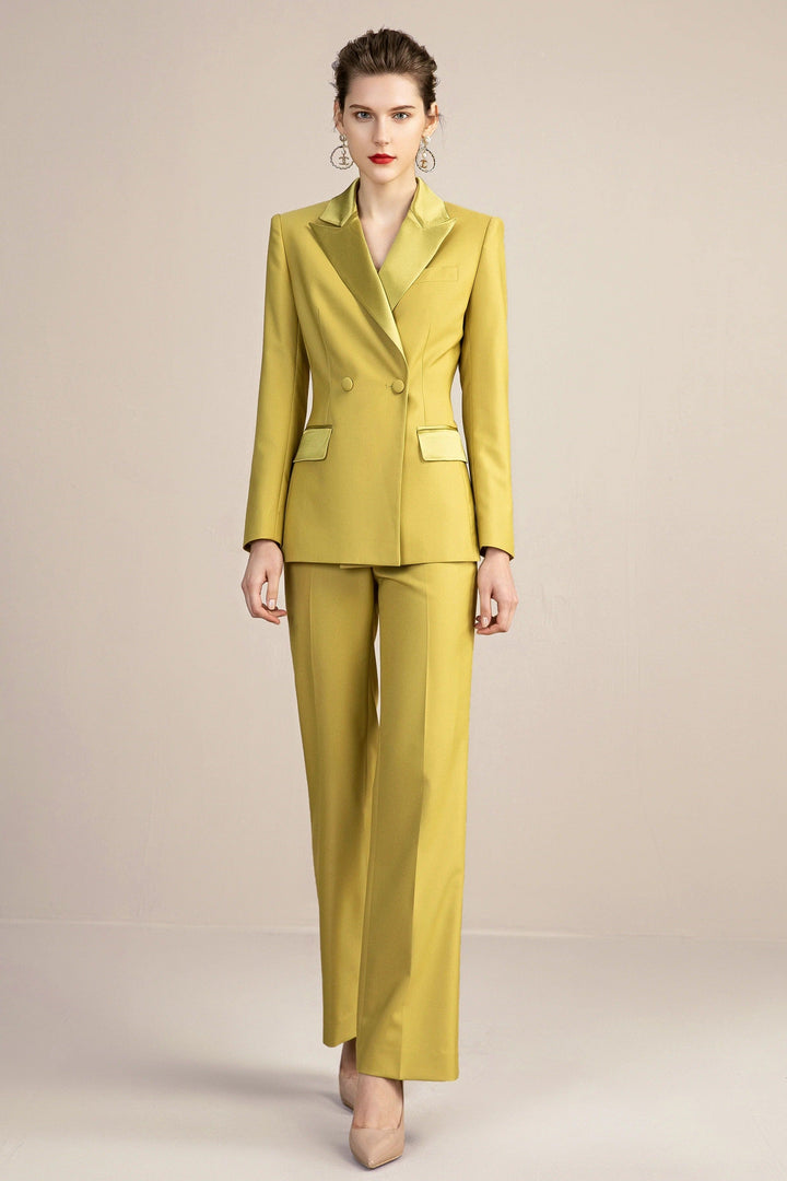 solovedress Gold 2 Piece Double Breasted Slim Fit Satin Collar Women Suit (Blazer+Pants)