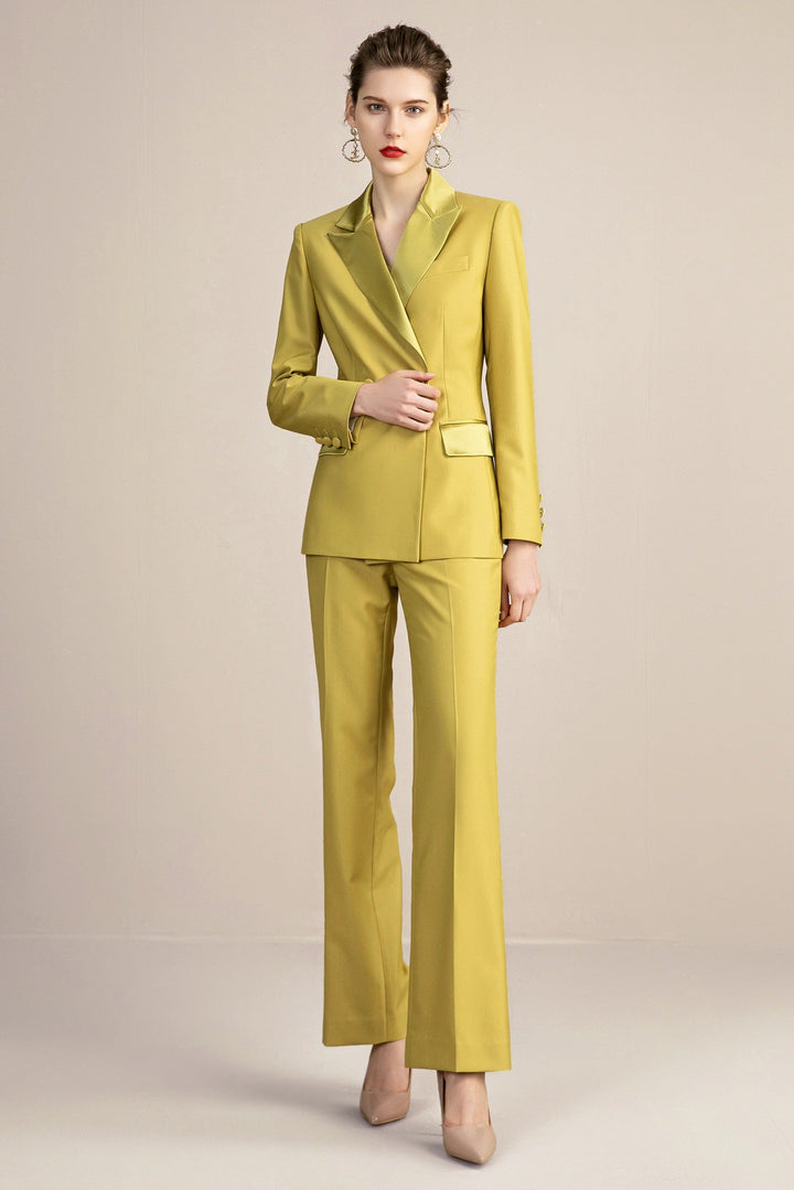 solovedress Gold 2 Piece Double Breasted Slim Fit Satin Collar Women Suit (Blazer+Pants)