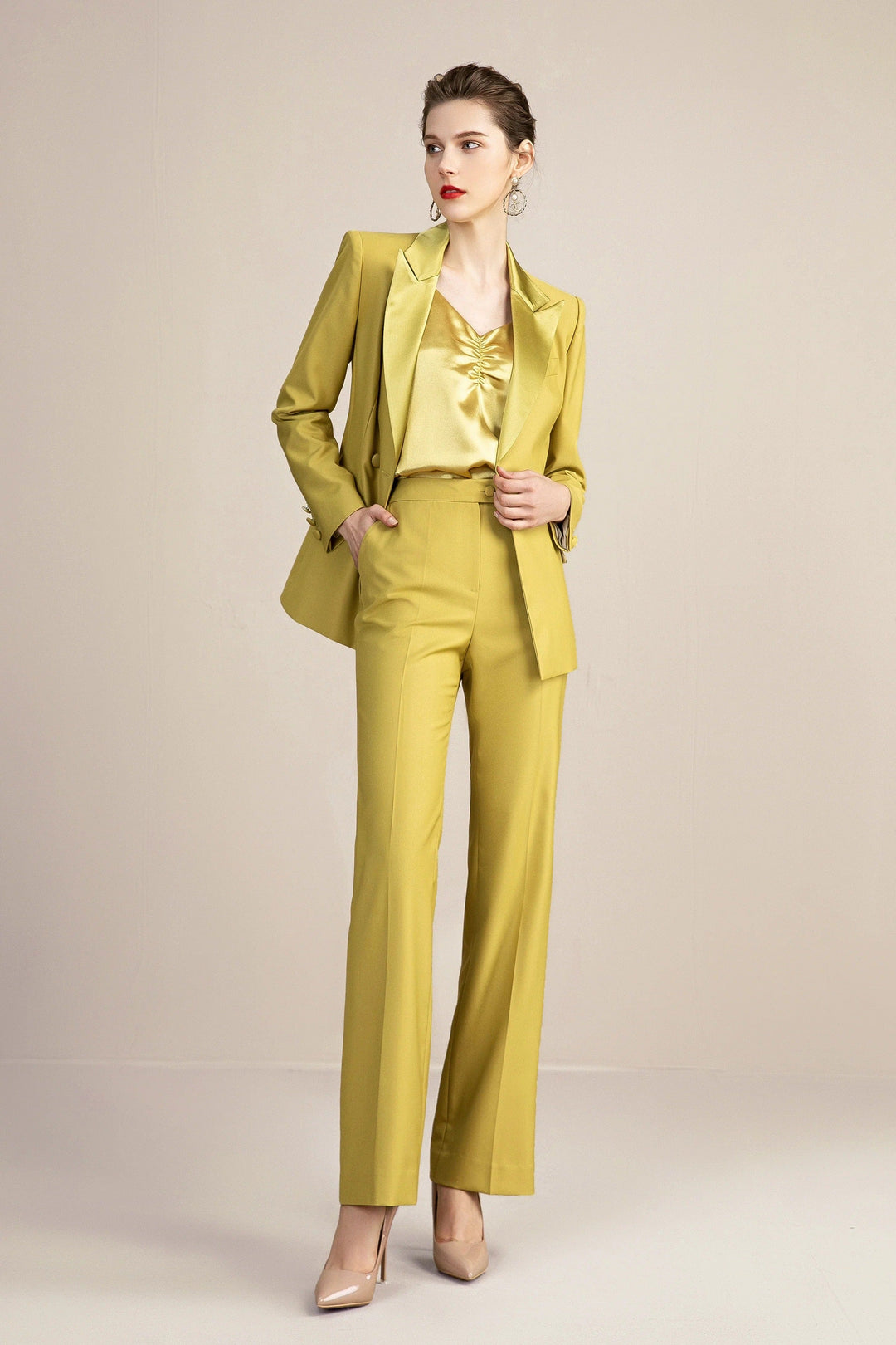 solovedress Gold 2 Piece Double Breasted Slim Fit Satin Collar Women Suit (Blazer+Pants)