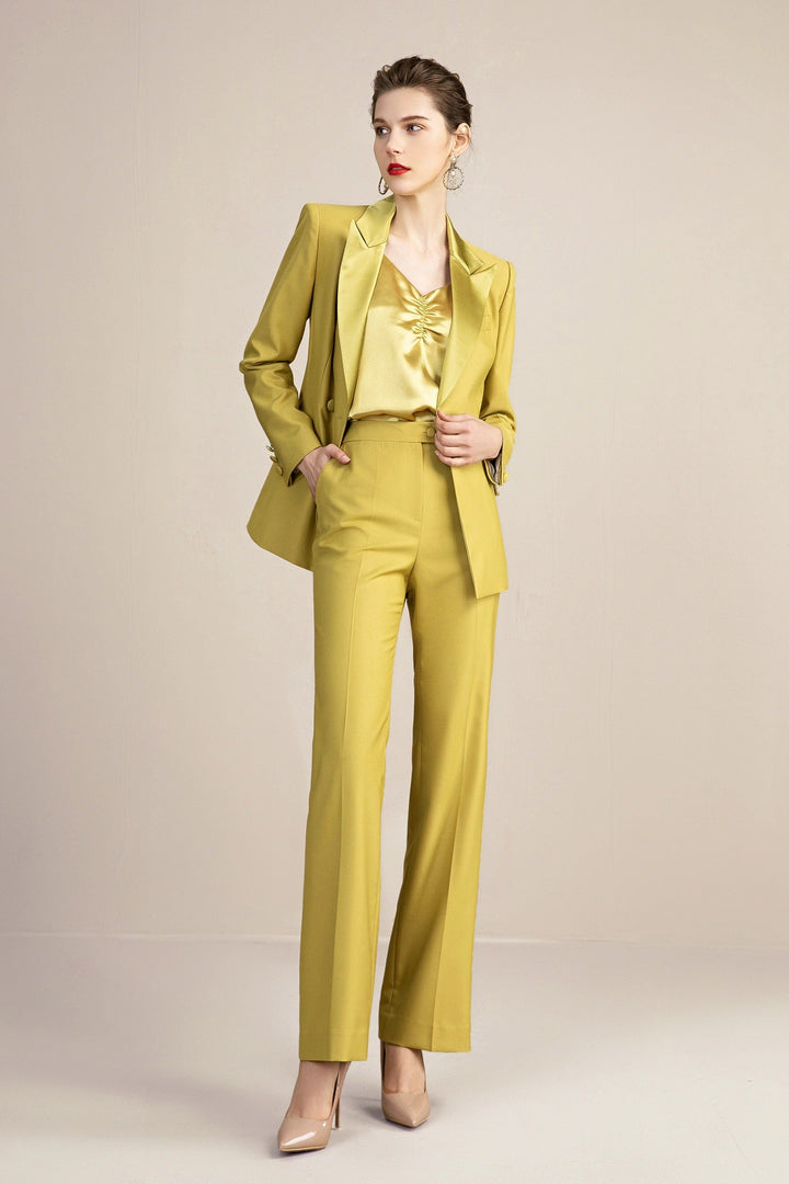 solovedress Gold 2 Piece Double Breasted Slim Fit Satin Collar Women Suit (Blazer+Pants)