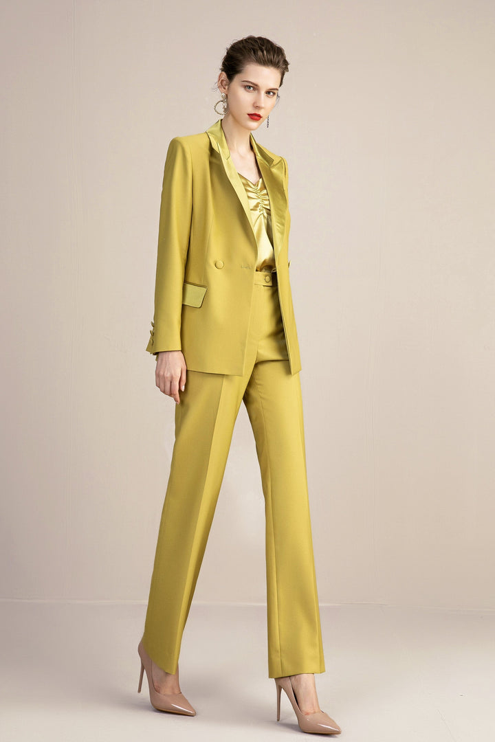 solovedress Gold 2 Piece Double Breasted Slim Fit Satin Collar Women Suit (Blazer+Pants)