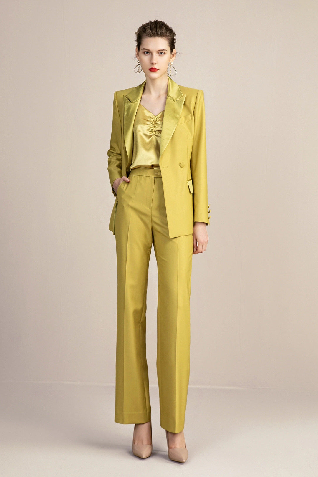solovedress Gold 2 Piece Double Breasted Slim Fit Satin Collar Women Suit (Blazer+Pants)