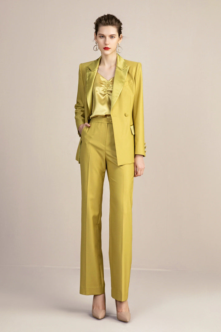 solovedress Gold 2 Piece Double Breasted Slim Fit Satin Collar Women Suit (Blazer+Pants)