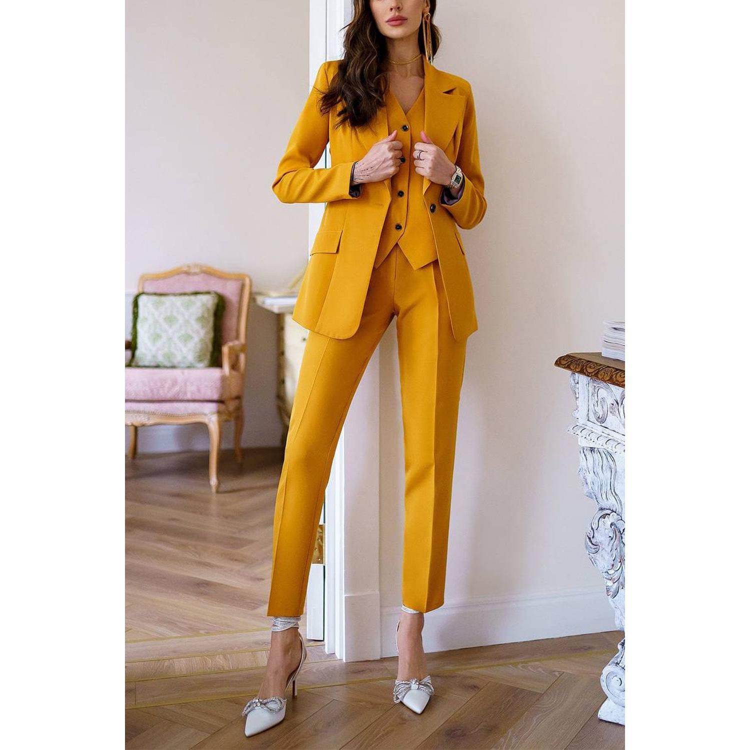 SoloveDress Women's 3 Piece Gold Solid Suit | Notch Lapel Single Button Blazer Vest Pants Gold / US 4 SoloveDress Women's 3 Piece Gold Solid Suit | Notch Lapel Single Button Blazer Vest Pants Gold / US 4