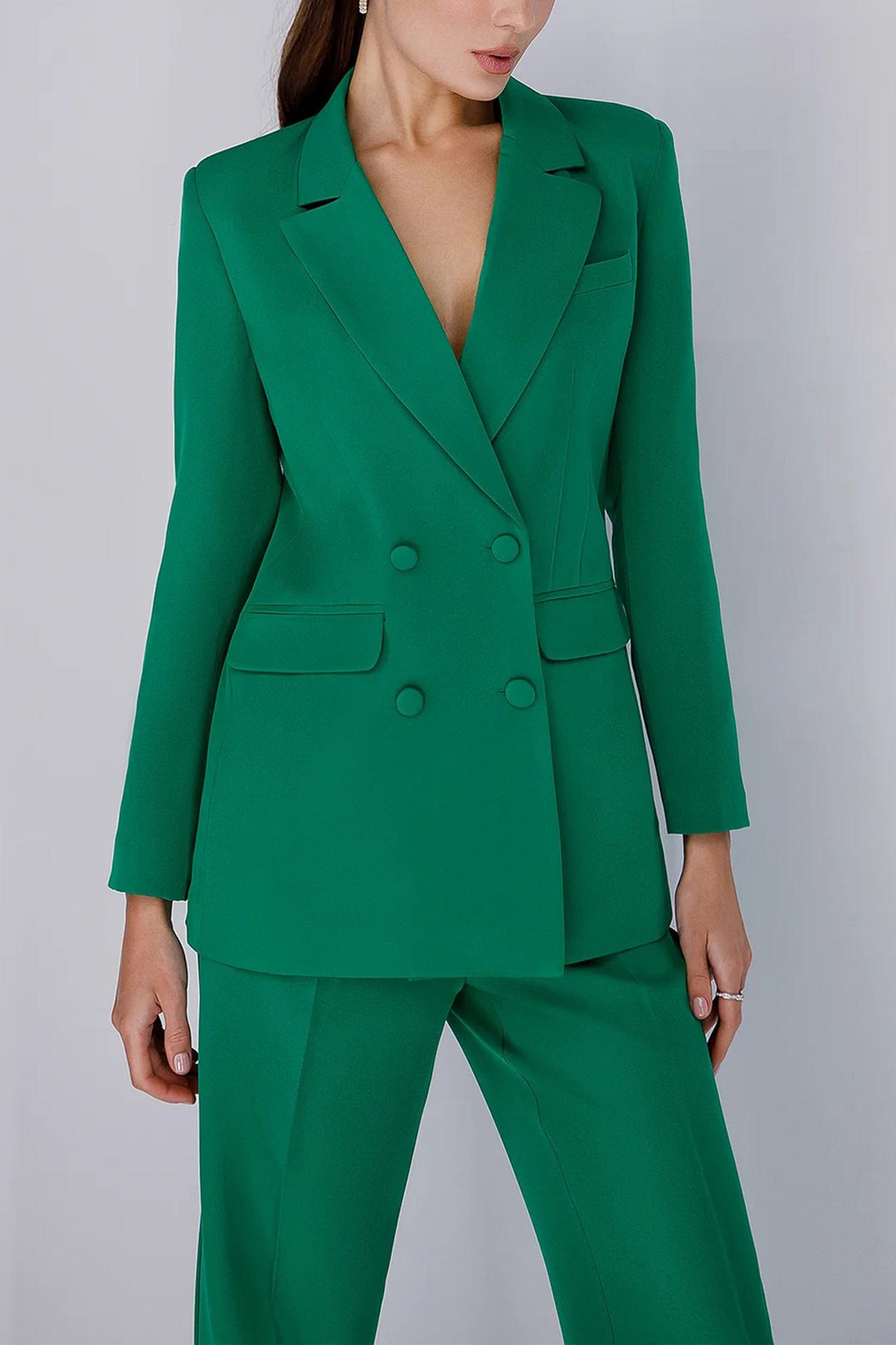 solovedress Green 2 Piece Double Breasted Business Casual Slim Fit Women Suit (Blazer+Pants)