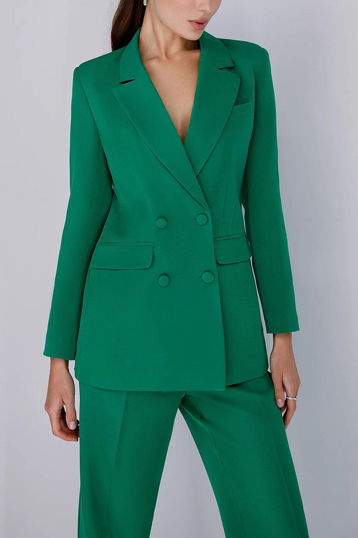 solovedress Green 2 Piece Double Breasted Business Casual Slim Fit Women Suit (Blazer+Pants)