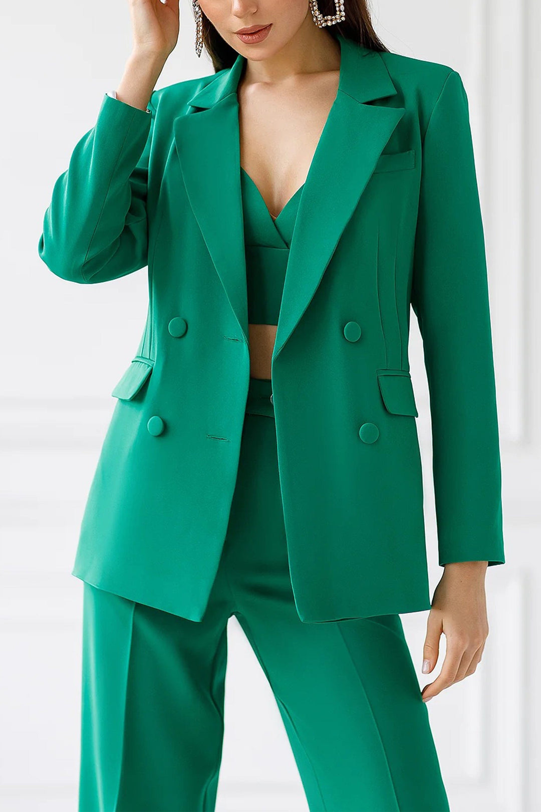 solovedress Green 2 Piece Double Breasted Business Casual Slim Fit Women Suit (Blazer+Pants)