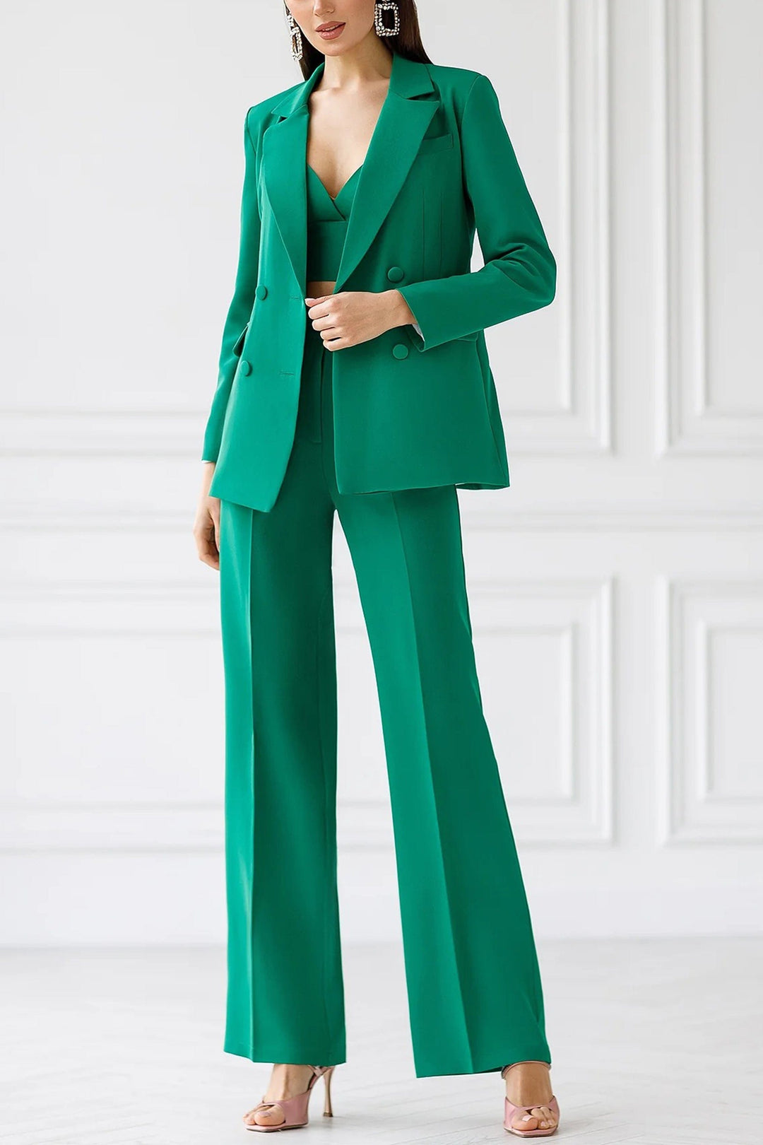 solovedress Green 2 Piece Double Breasted Business Casual Slim Fit Women Suit (Blazer+Pants)