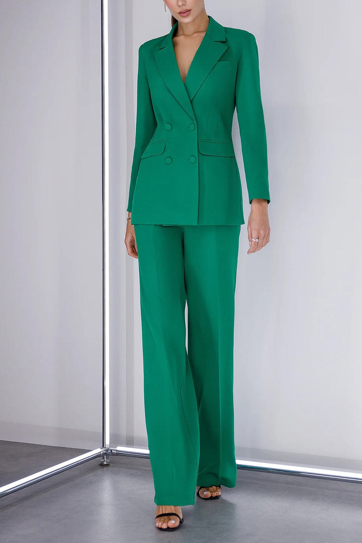 solovedress Green 2 Piece Double Breasted Business Casual Slim Fit Women Suit (Blazer+Pants)