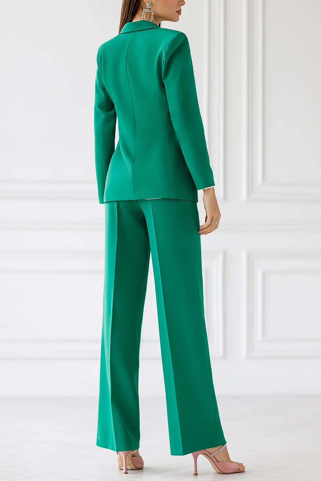 solovedress Green 2 Piece Double Breasted Business Casual Slim Fit Women Suit (Blazer+Pants)