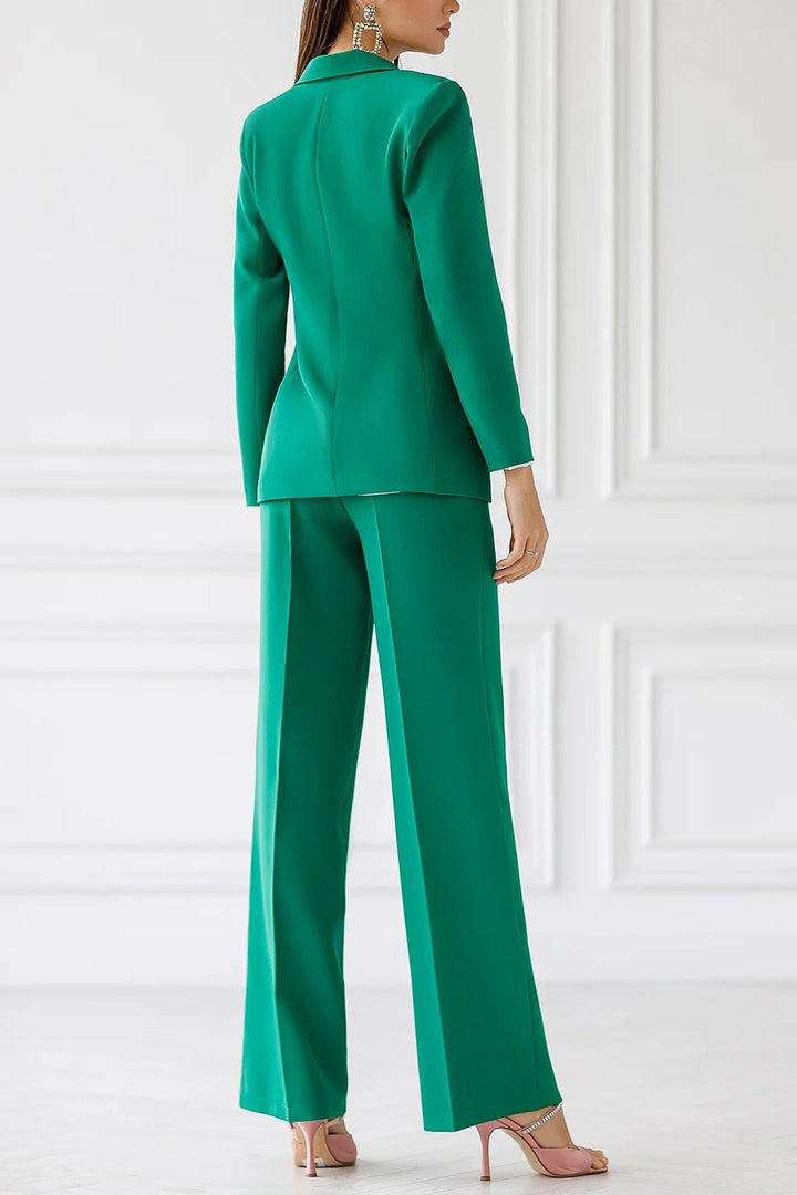 solovedress Green 2 Piece Double Breasted Business Casual Slim Fit Women Suit (Blazer+Pants)
