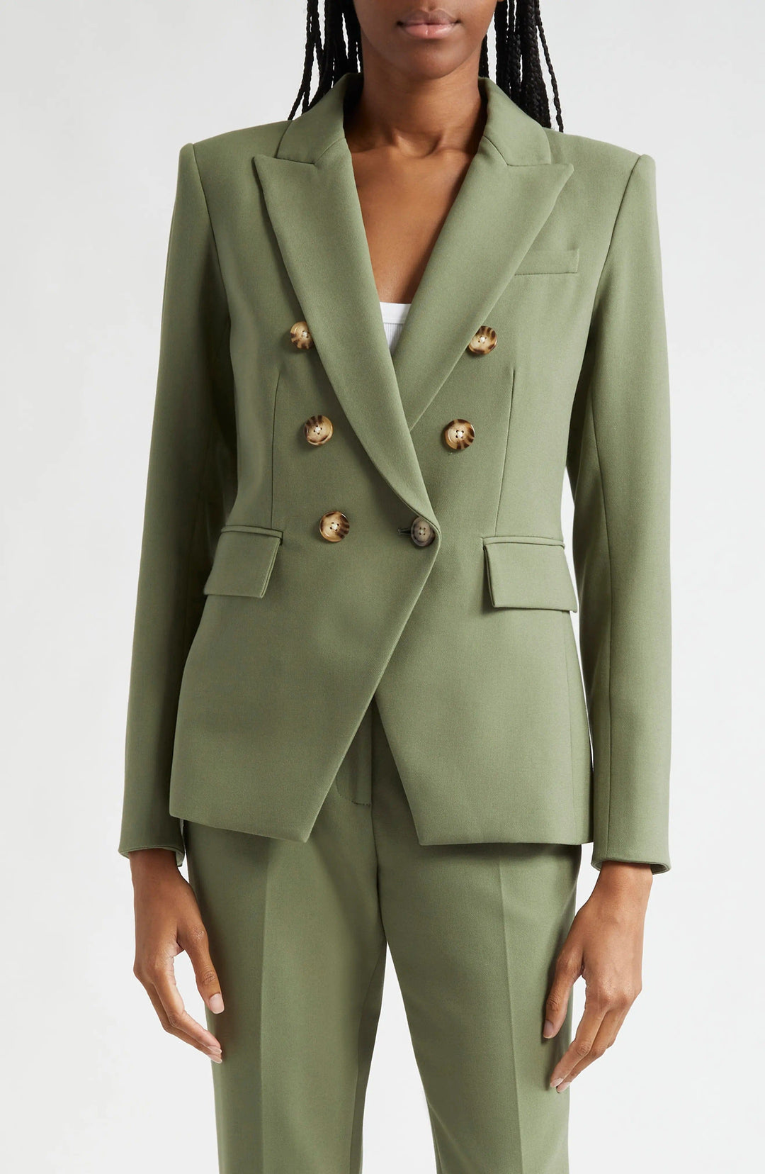 solovedress Green 2 Piece Double Breasted Peak Lapel Business Casual Women Suit