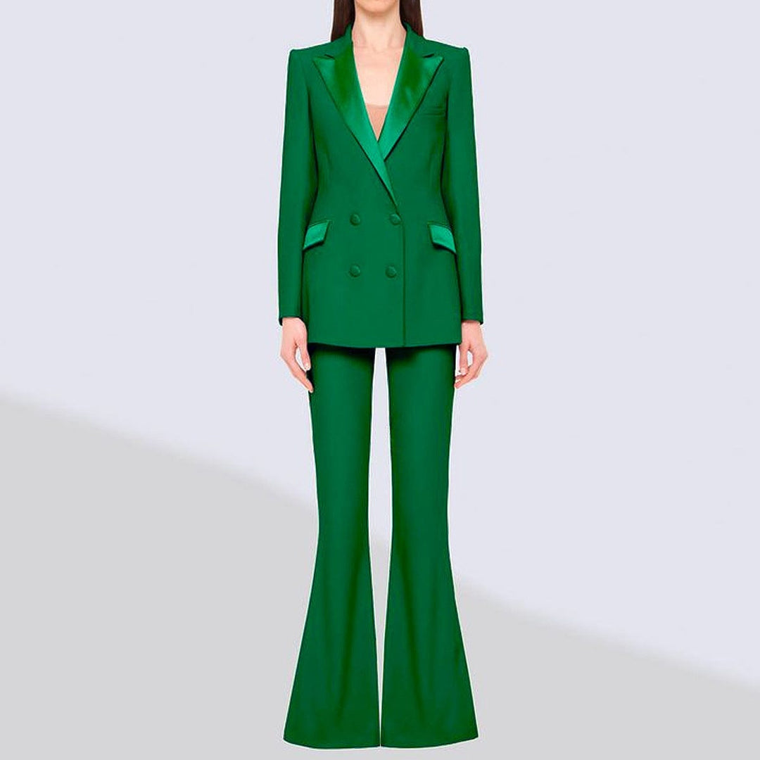 solovedress Green 2 Piece Double Breasted Satin Collar Business Casual Slim Fit Women's Suit