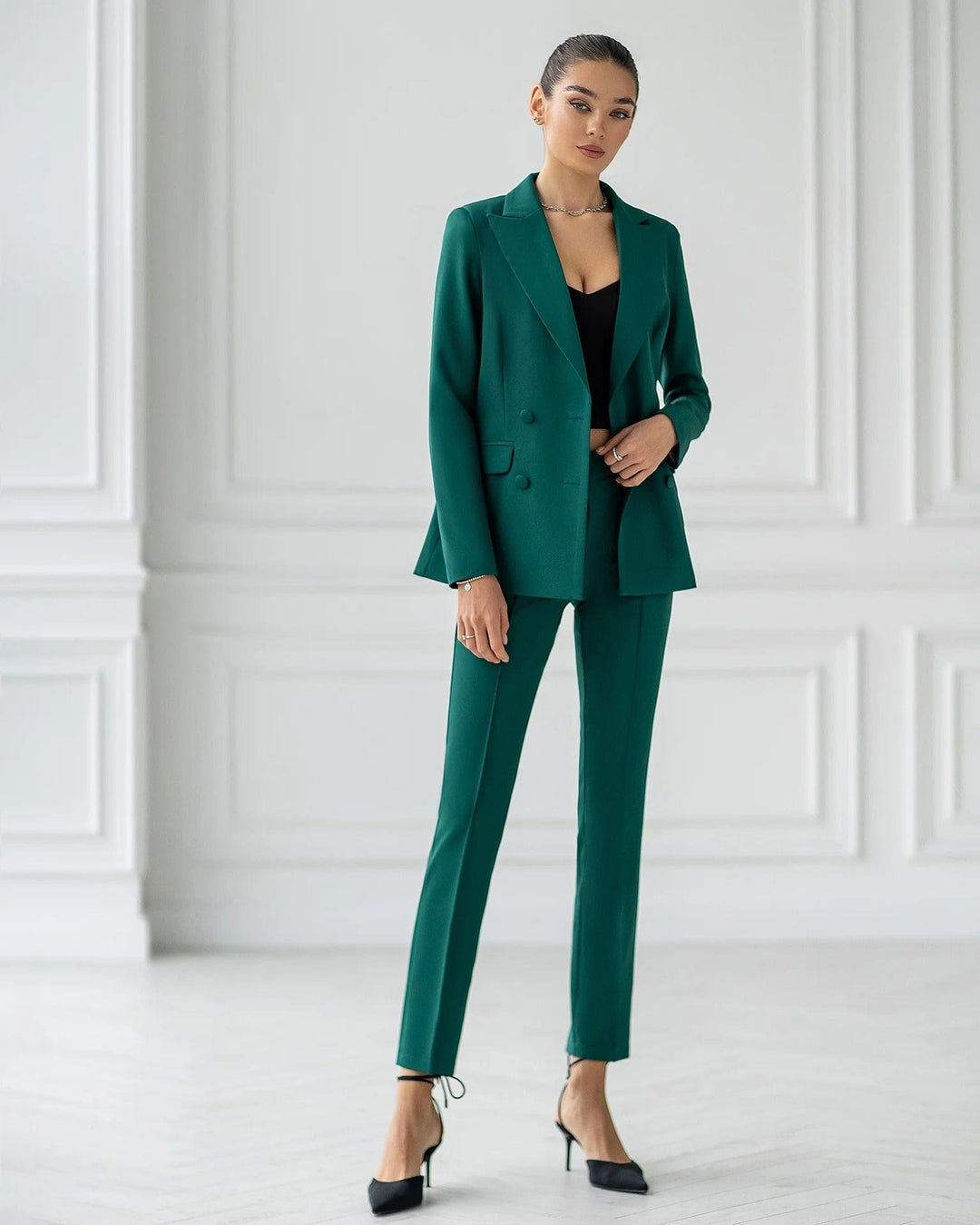 solovedress Green 2 Piece Double Breasted Slim Business Women Suit (Blazer+Pants)