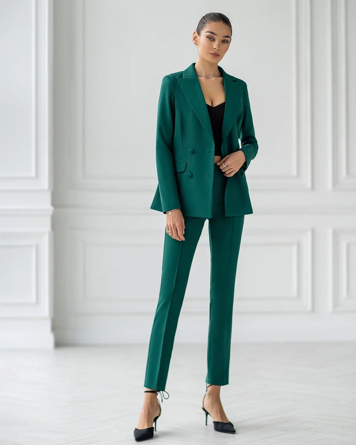 solovedress Green 2 Piece Double Breasted Slim Business Women Suit (Blazer+Pants)