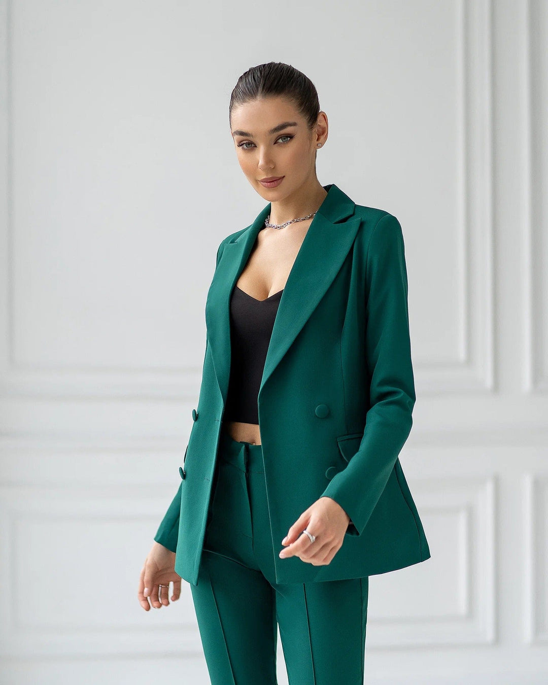 solovedress Green 2 Piece Double Breasted Slim Business Women Suit (Blazer+Pants)