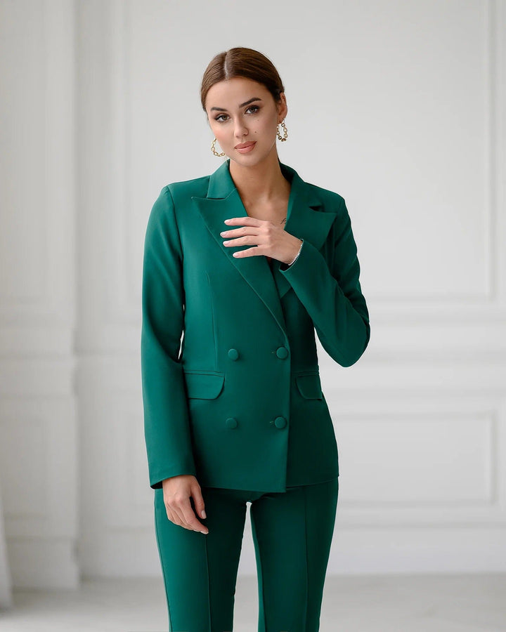 solovedress Green 2 Piece Double Breasted Slim Business Women Suit (Blazer+Pants)