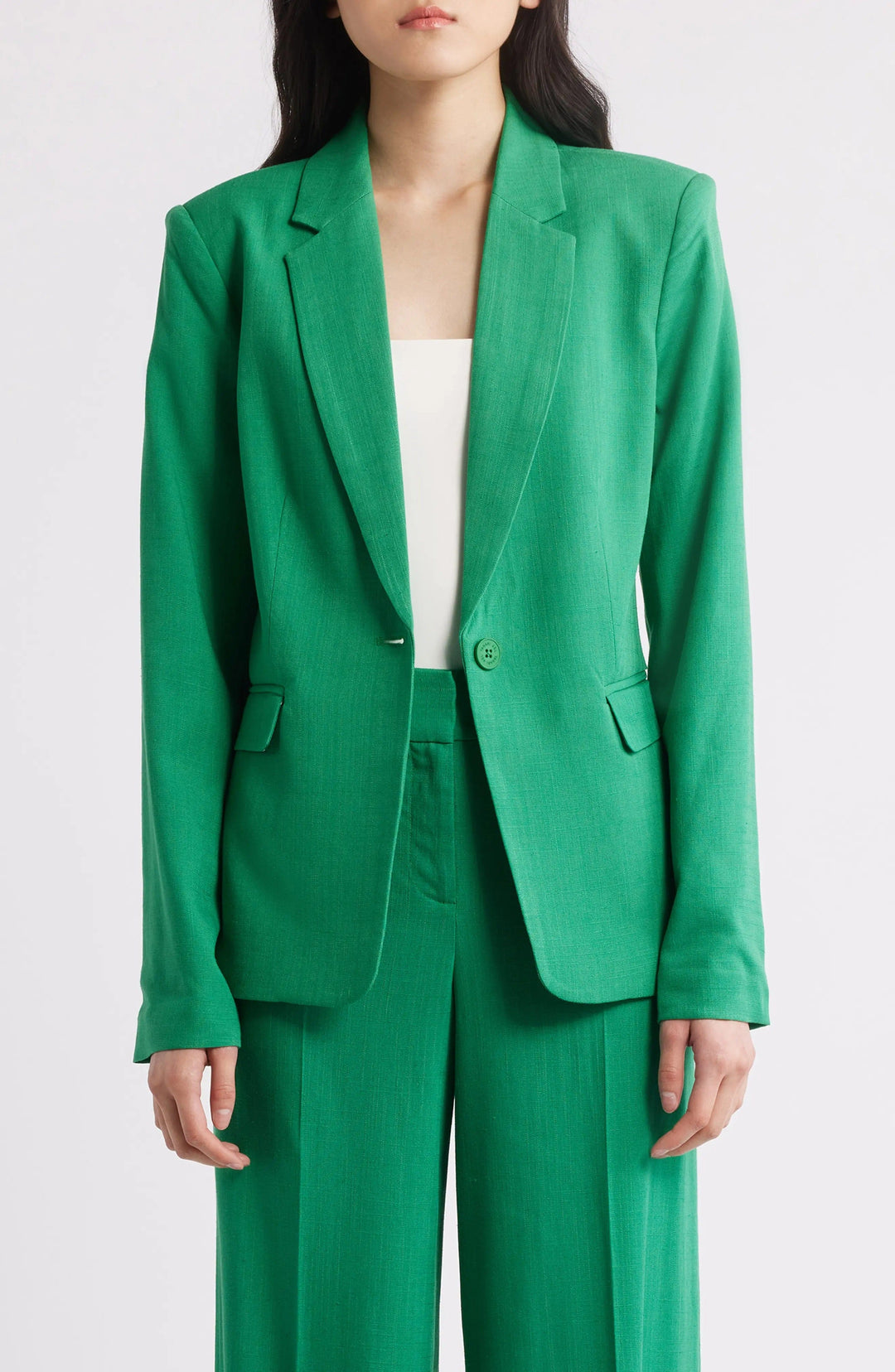 solovedress Green 2 Piece Summer Linen Single Button Business Casual Women Suit (Blazer+Pants)