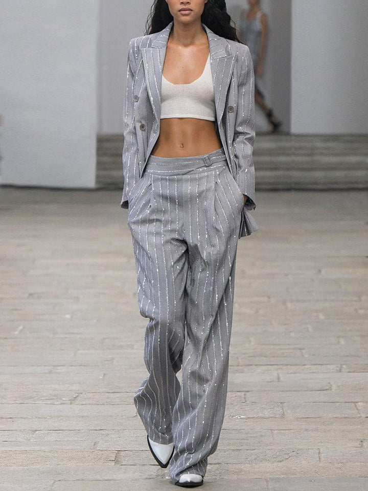 solovedress Grey Double-Breasted Women's Two-Piece Suit