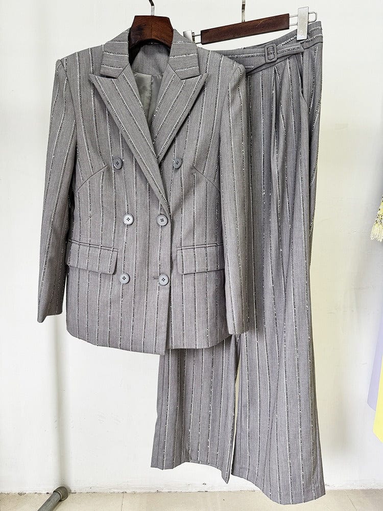 solovedress Grey Double-Breasted Women's Two-Piece Suit