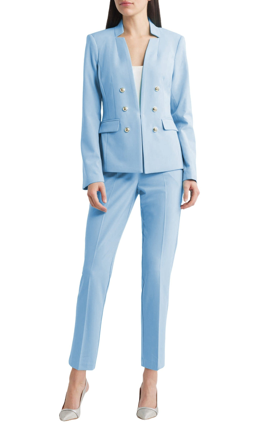 solovedress Light Blue 2 Piece Double Breasted Stand Collar Casual Women Suit