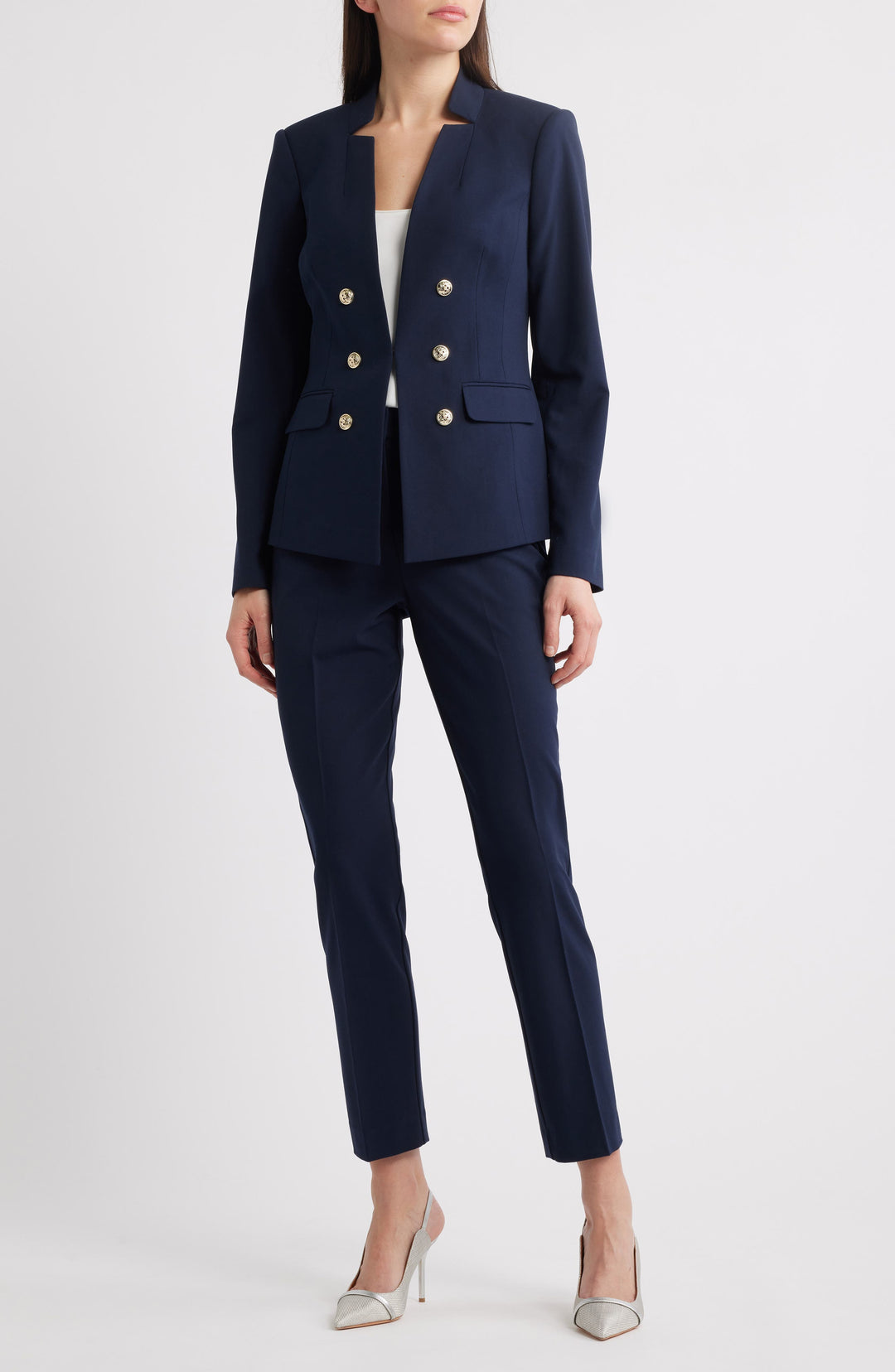 solovedress Navy 2 Piece Double Breasted Stand Collar Women Suit