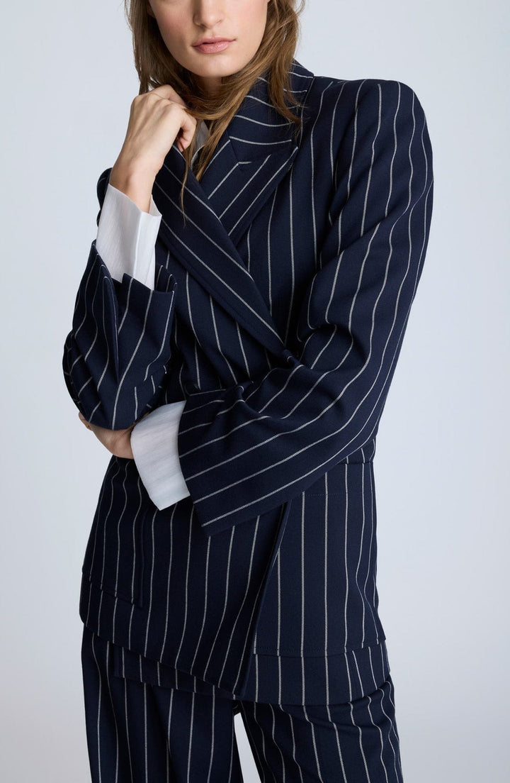 solovedress Navy 2 Piece Peak Lapel Business Casual Striped Women's Suit