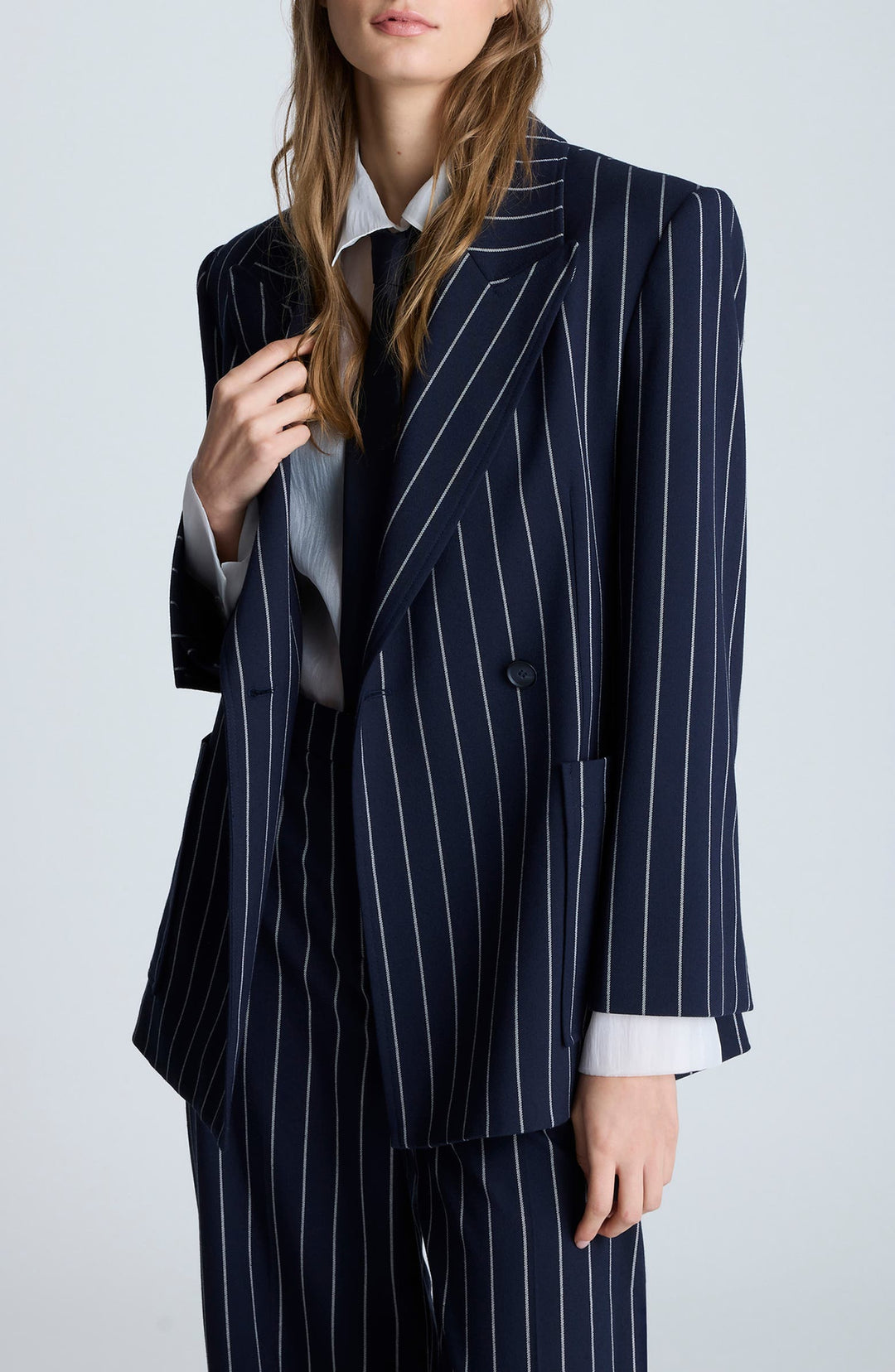 solovedress Navy 2 Piece Peak Lapel Business Casual Striped Women's Suit