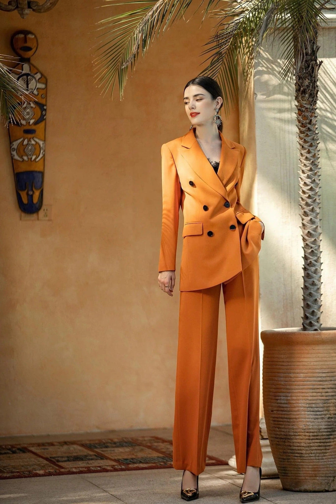 solovedress Orange Women Suit 2 Piece Double Breasted Blazer & Pants