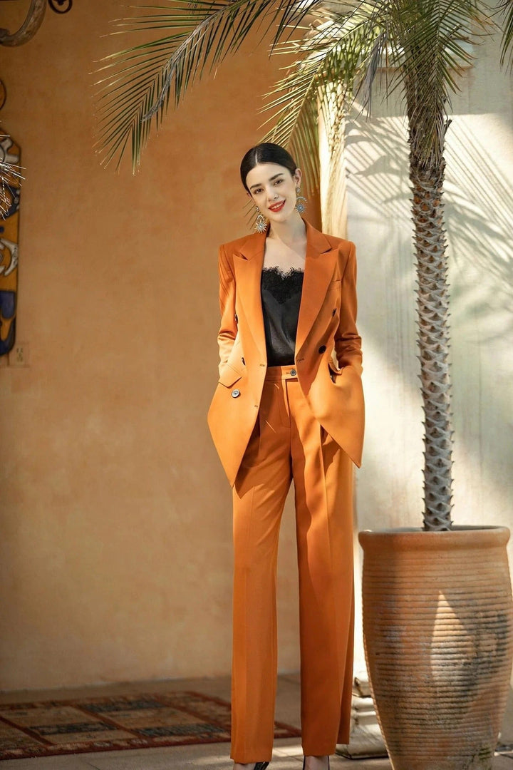 solovedress Orange Women Suit 2 Piece Double Breasted Blazer & Pants