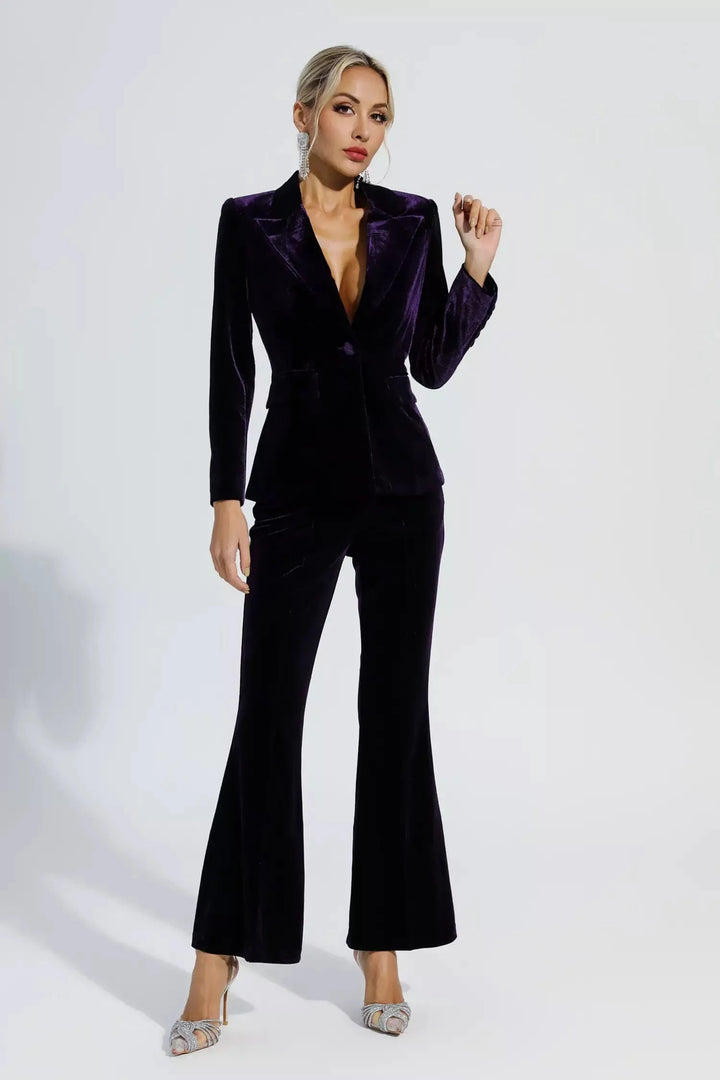 solovedress Purple 2 Piece Velvet Single Buttons Business Slim Fit Women Suit