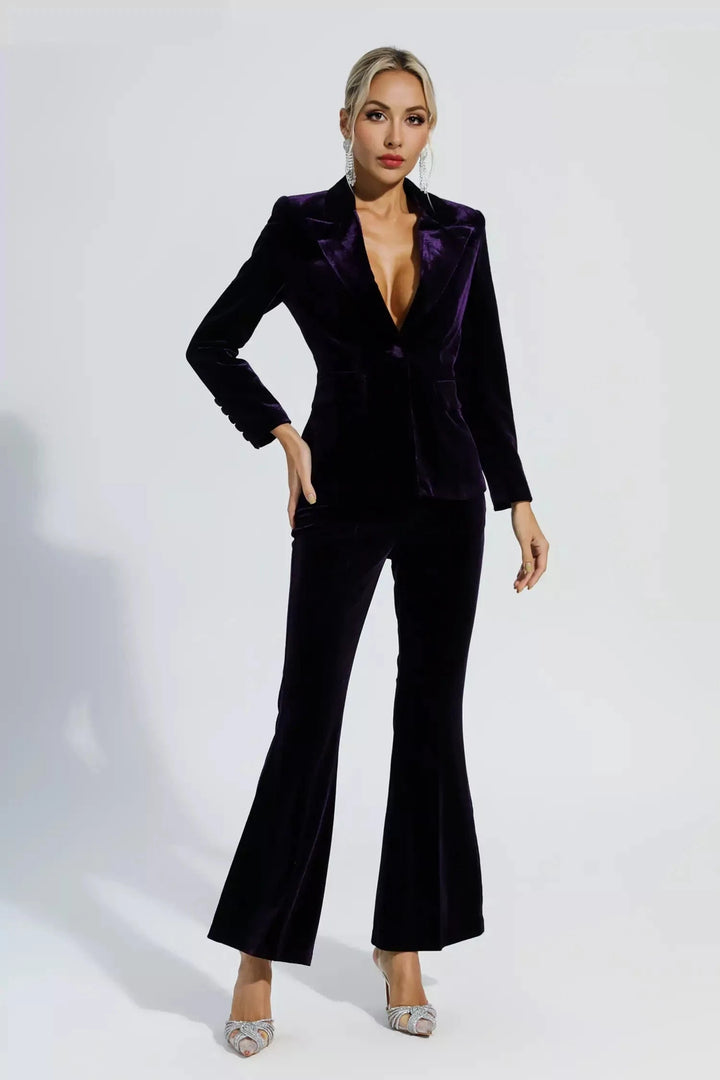 solovedress Purple 2 Piece Velvet Single Buttons Business Slim Fit Women Suit