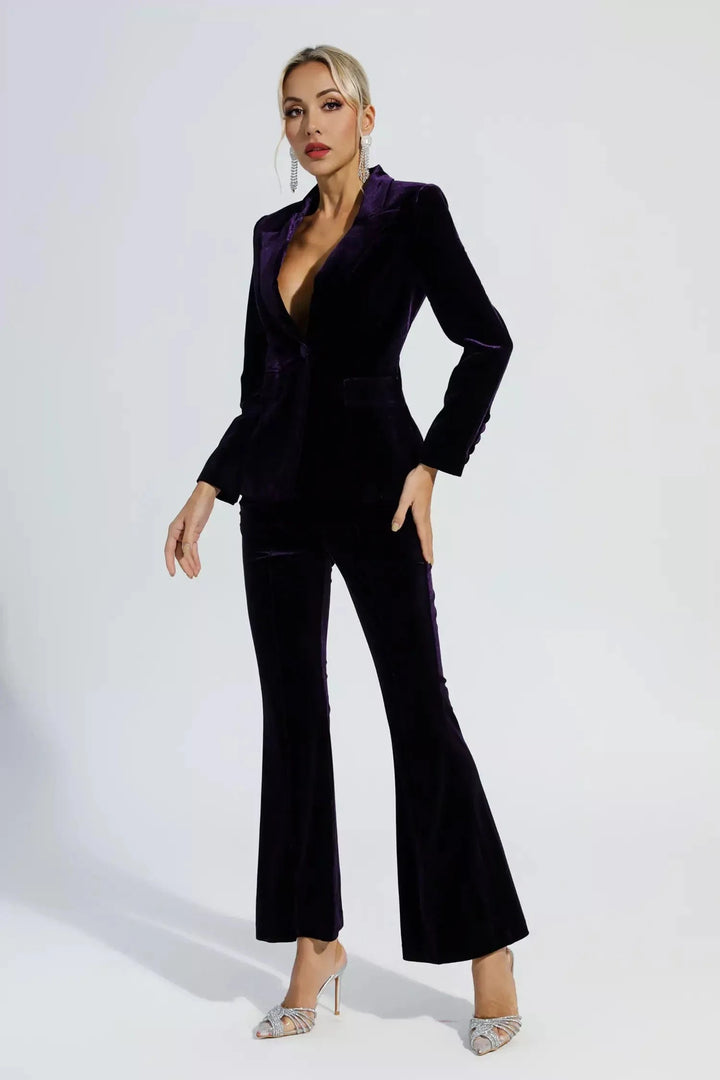 solovedress Purple 2 Piece Velvet Single Buttons Business Slim Fit Women Suit