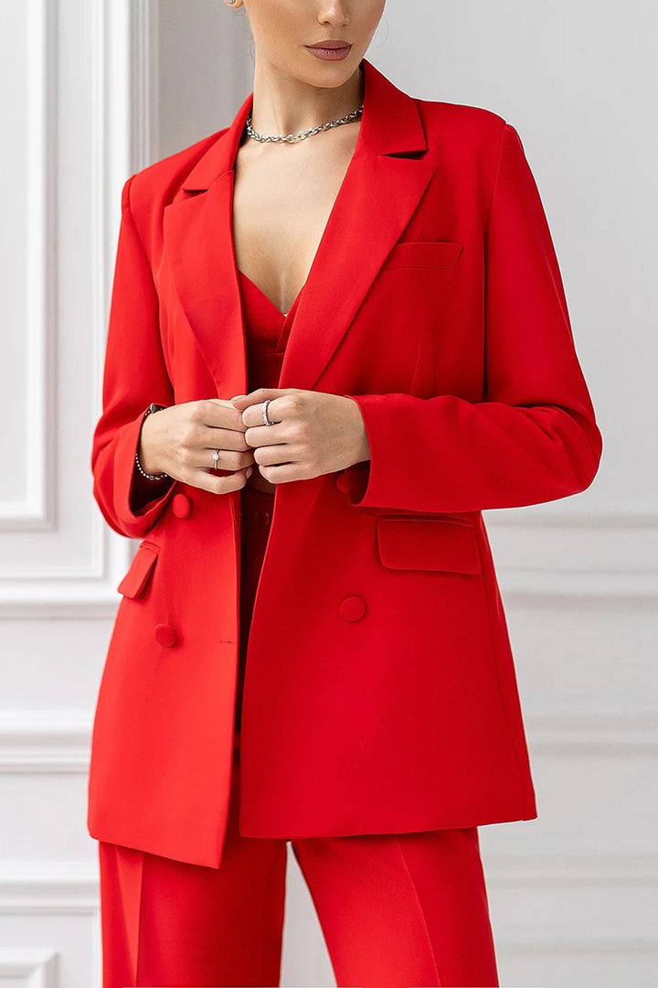 solovedress Red 2 Piece Double Breasted Business Casual Slim Fit Women Suit (Blazer+Pants)