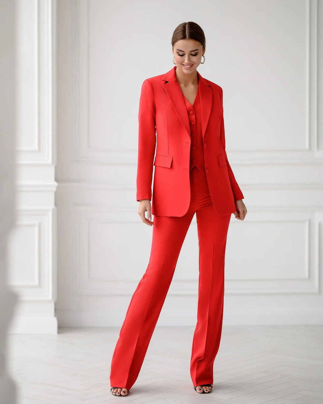 solovedress Red 3 Piece Double Button Business Casual Slim Fit Women Suit