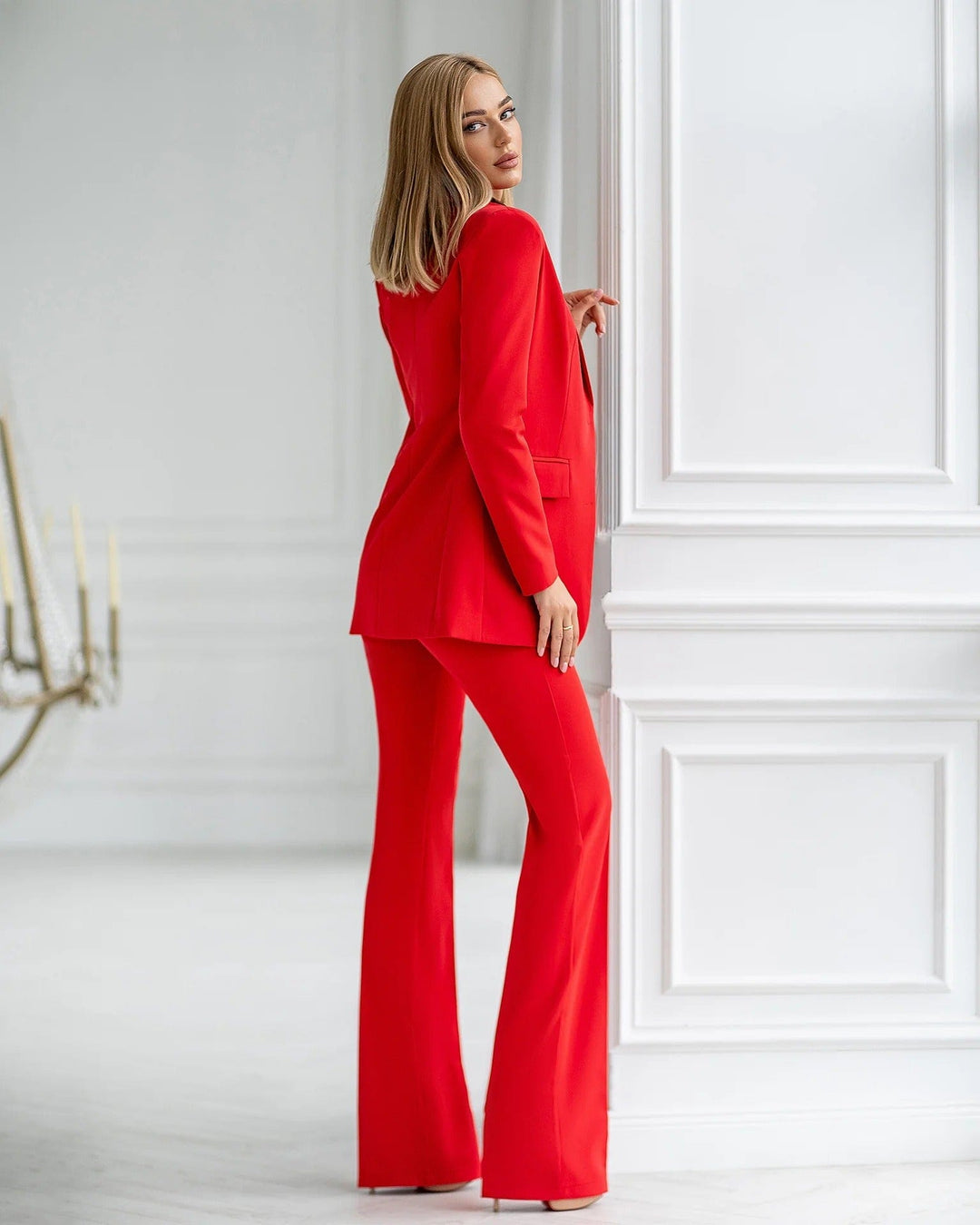 solovedress Red 3 Piece Double Button Business Casual Slim Fit Women Suit