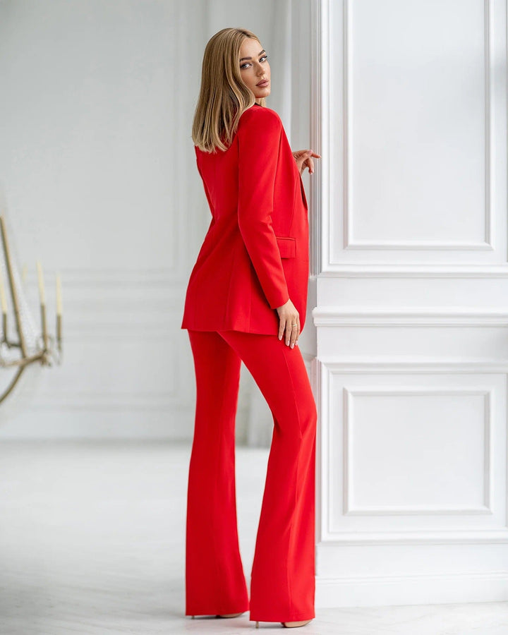 solovedress Red 3 Piece Double Button Business Casual Slim Fit Women Suit
