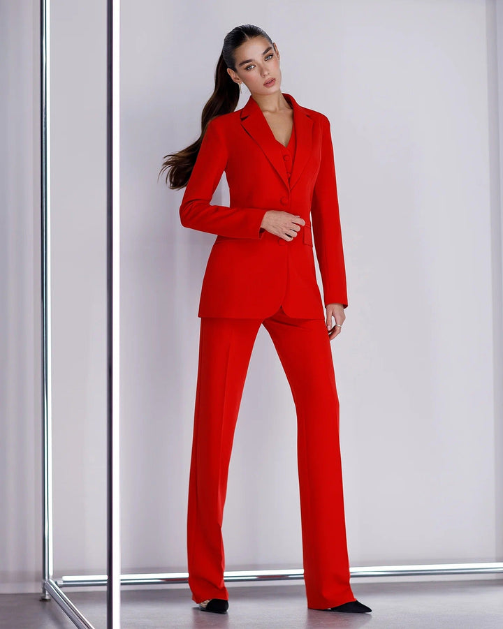solovedress Red 3 Piece Double Button Business Casual Slim Fit Women Suit