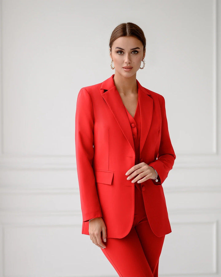 solovedress Red 3 Piece Double Button Business Casual Slim Fit Women Suit